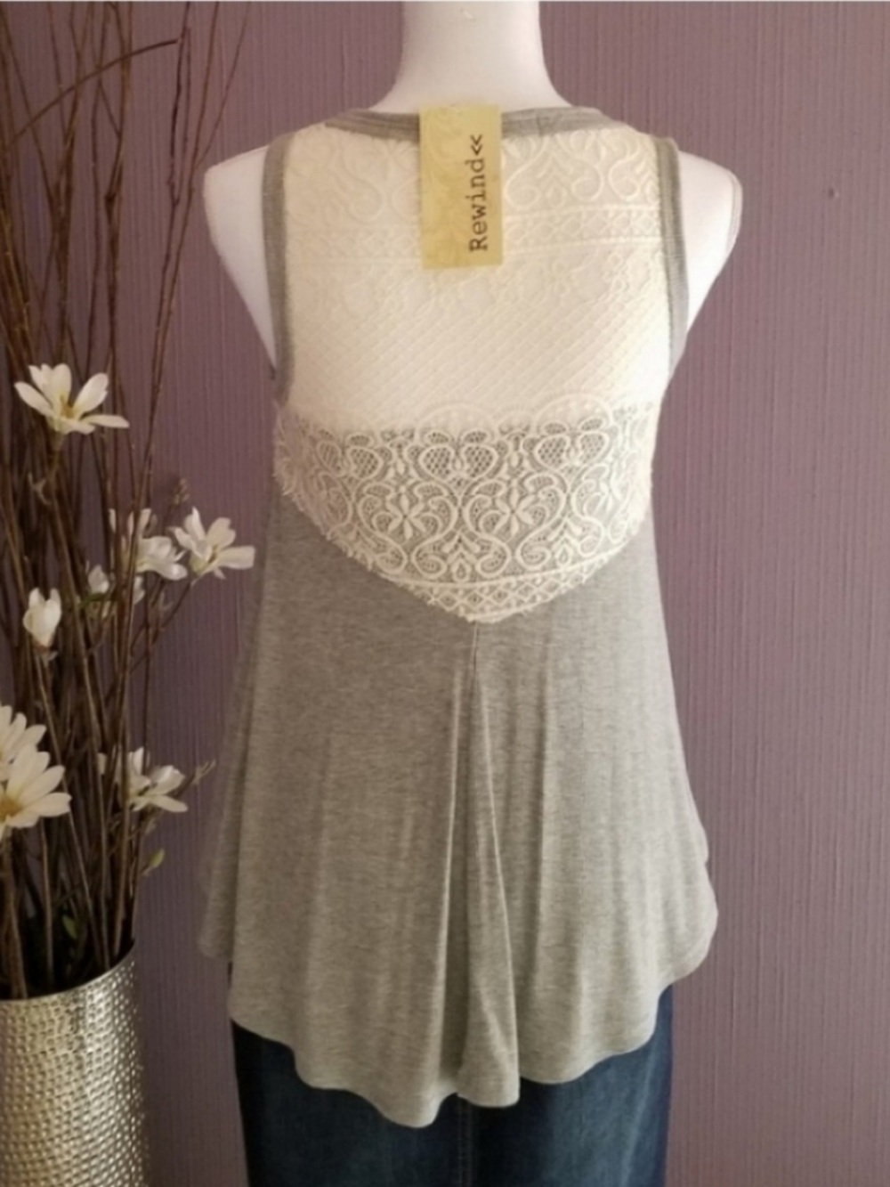 REWIND Grey & Off White Lace Swing Casual Top NEW WITH TAGS